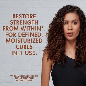 Nexxus on bathroom shelf styled with curl tools for a salon-quality routine