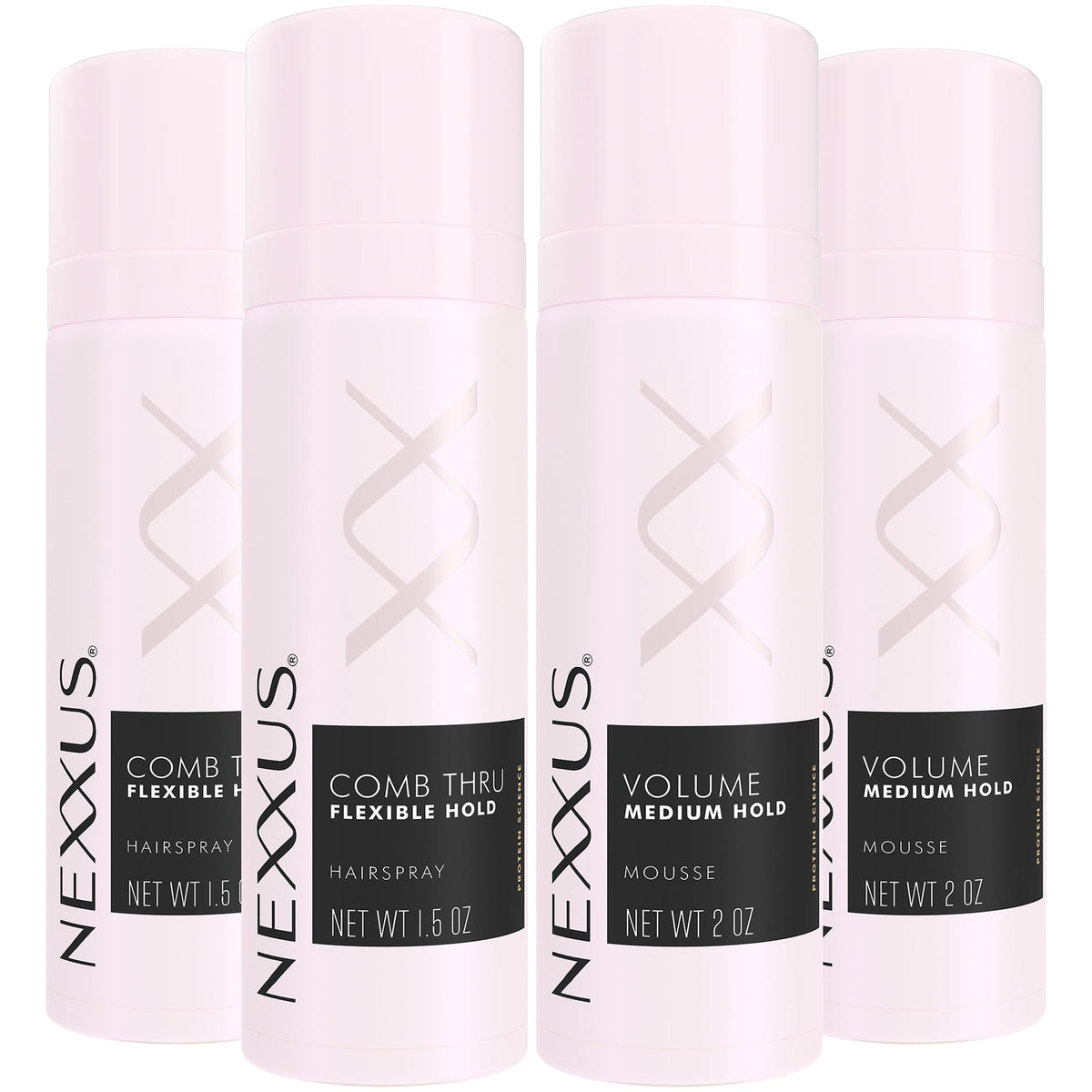 Nexxus front packaging of travel styling bundle showing two sprays and two mousses for portable styling
