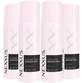 Nexxus front packaging of travel styling bundle showing two sprays and two mousses for portable styling