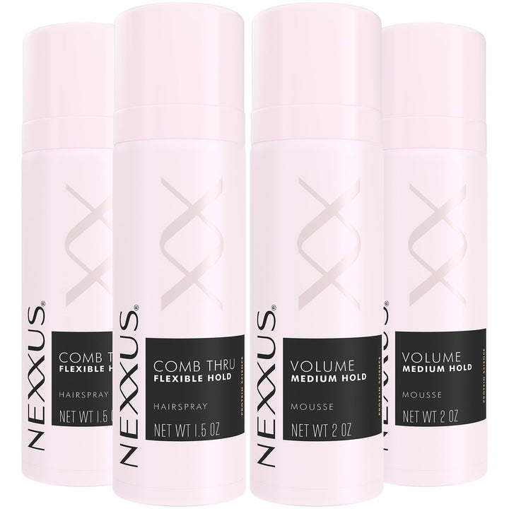 Nexxus front packaging of travel styling bundle showing two sprays and two mousses for portable styling