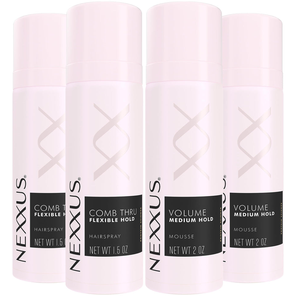 Nexxus front packaging of travel styling bundle showing two sprays and two mousses for portable styling