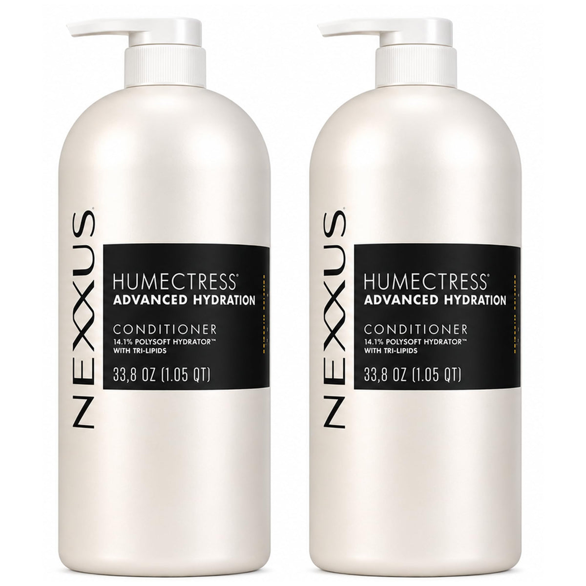 Nexxus Humectress front packaging showing two 33.8 oz bottles and benefits