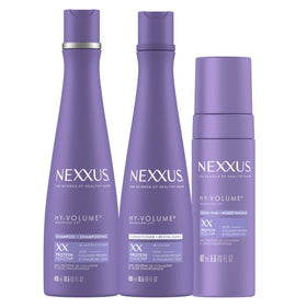 Nexxus HY-VOLUME 3-pack front packaging showing shampoo conditioner and foam for lightweight lift