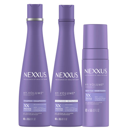 Nexxus HY-VOLUME 3-pack front packaging showing shampoo conditioner and foam for lightweight lift