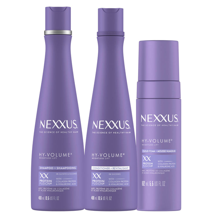 Nexxus HY-VOLUME 3-pack front packaging showing shampoo conditioner and foam for lightweight lift