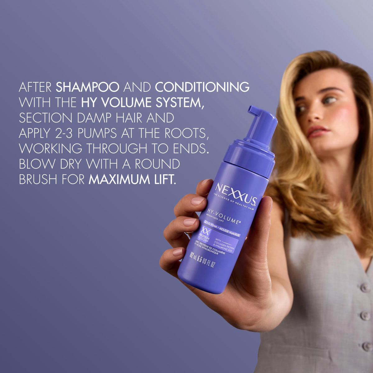 Nexxus label and ingredients detail showcasing Magnitube and hyaluronic acid benefits