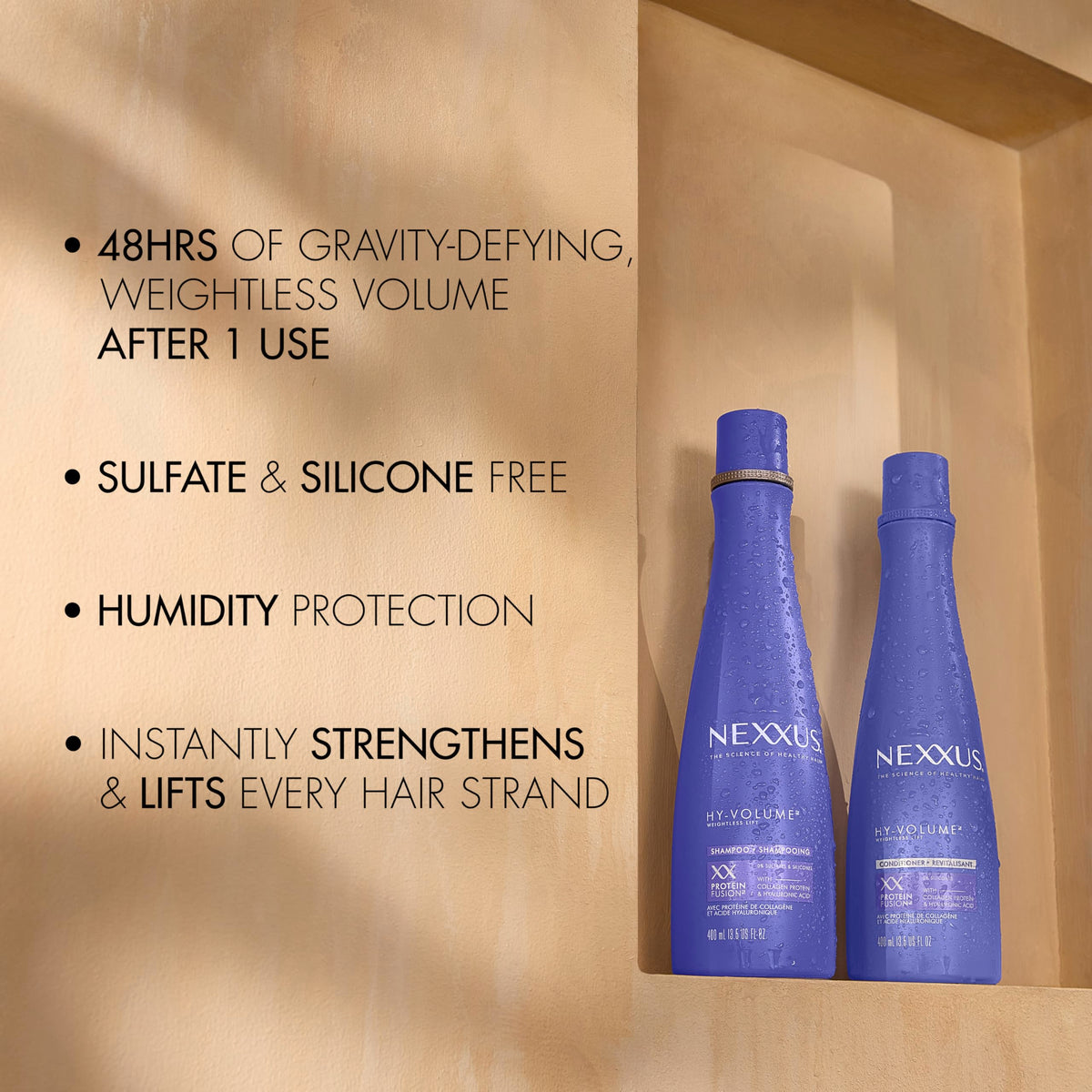 Nexxus lifestyle bathroom display styled to show salon-quality routine and freshness