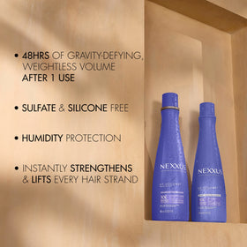 Nexxus lifestyle bathroom display styled to show salon-quality routine and freshness