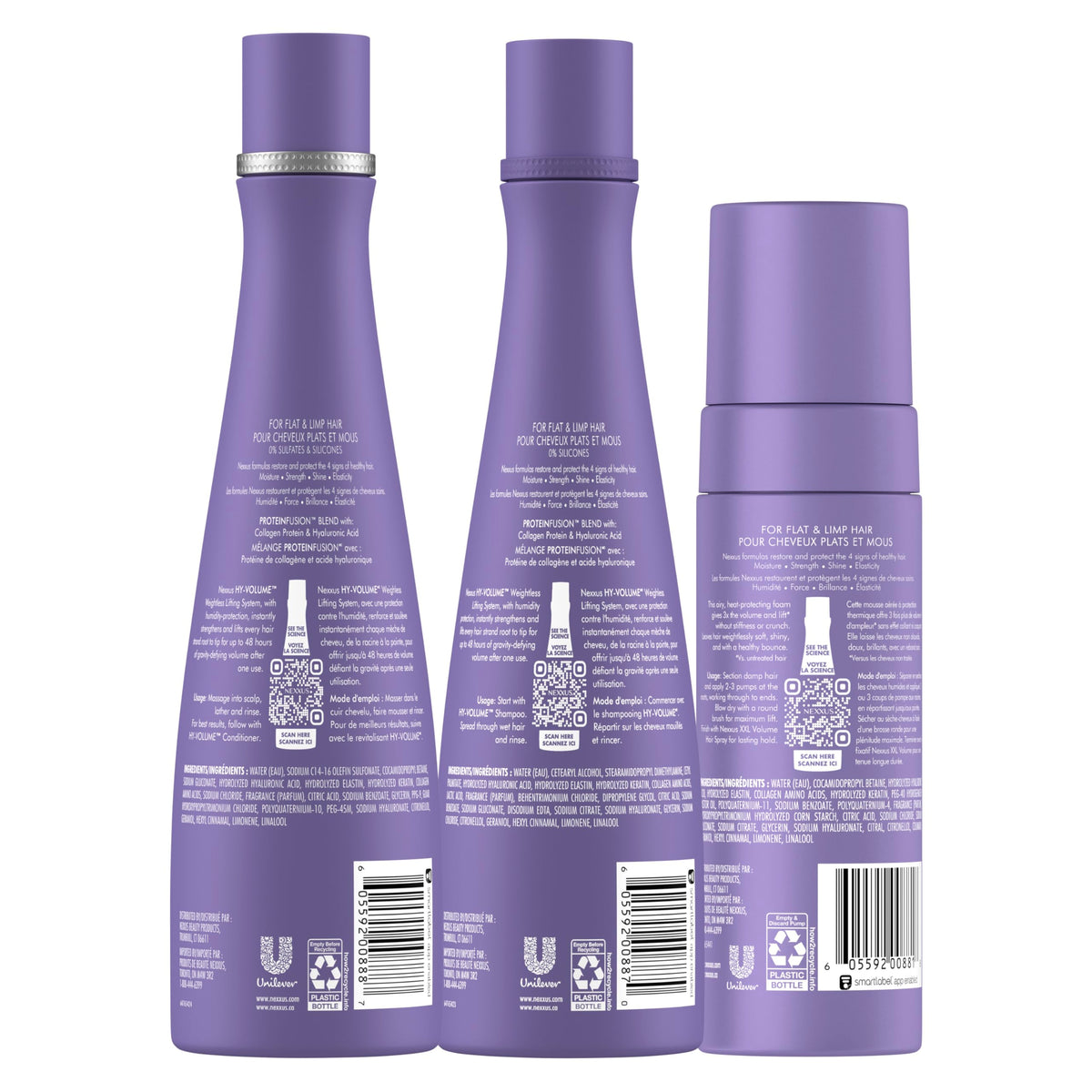 Nexxus HY-VOLUME shampoo pump close-up highlighting gentle cleansing and protein fusion benefit