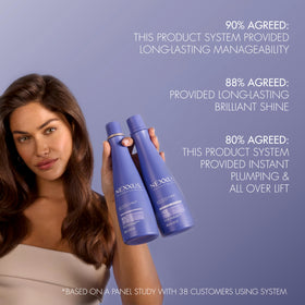 Nexxus bottle in hand showing 13.5 fl oz scale and portability