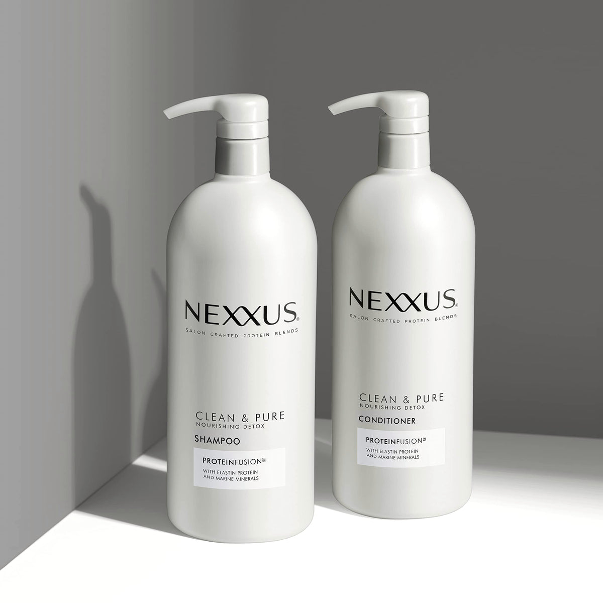 Nexxus bottles staged in bathroom showing everyday routine