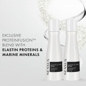Nexxus bottles in hand for scale showing compact travel convenience