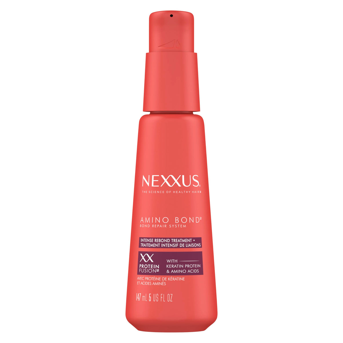 Nexxus front packaging showing treatment bottle and clear product benefits