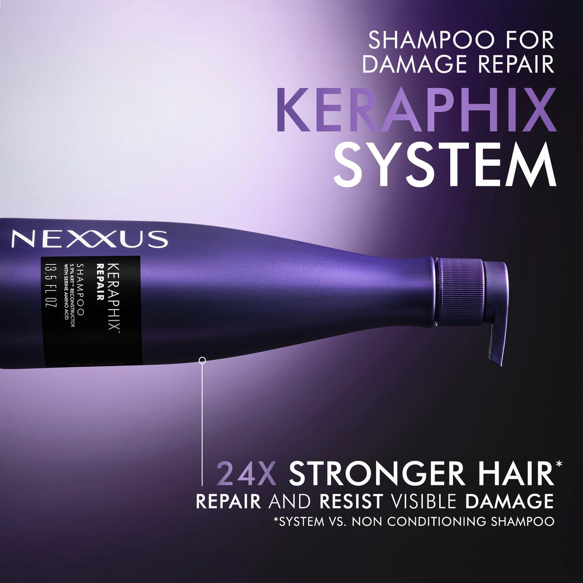 Nexxus KERAPHIX bottle held to show 13.5 fl oz scale
