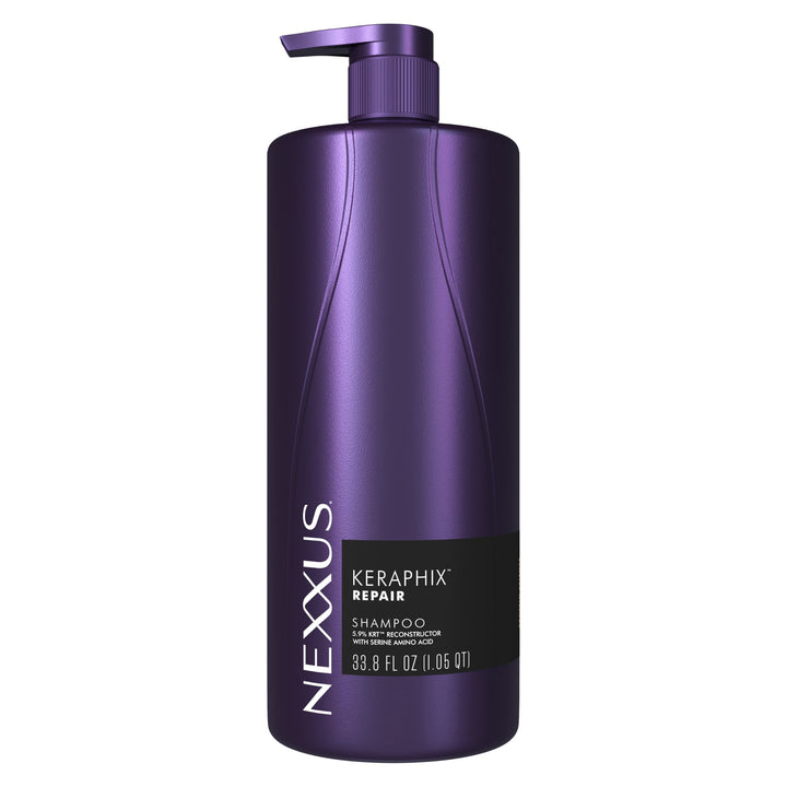 Nexxus KERAPHIX front bottle showing product and benefit of restorative cleansing