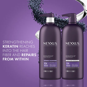 Nexxus Keraphix shampoo pump close-up for easy dispensing and concentrated protein