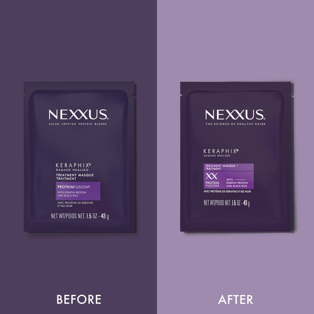 Nexxus KERAPHIX single-dose packets next to a hand for size comparison