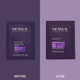 Nexxus KERAPHIX single-dose packets next to a hand for size comparison