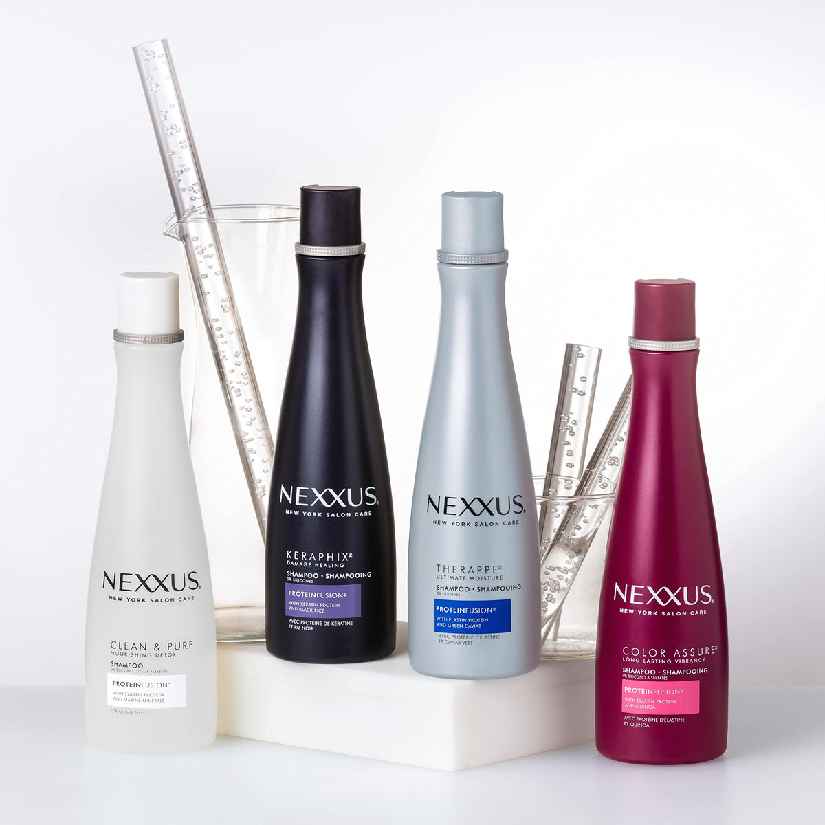 Nexxus label closeup emphasizing silicon, sulfate, paraben free benefits