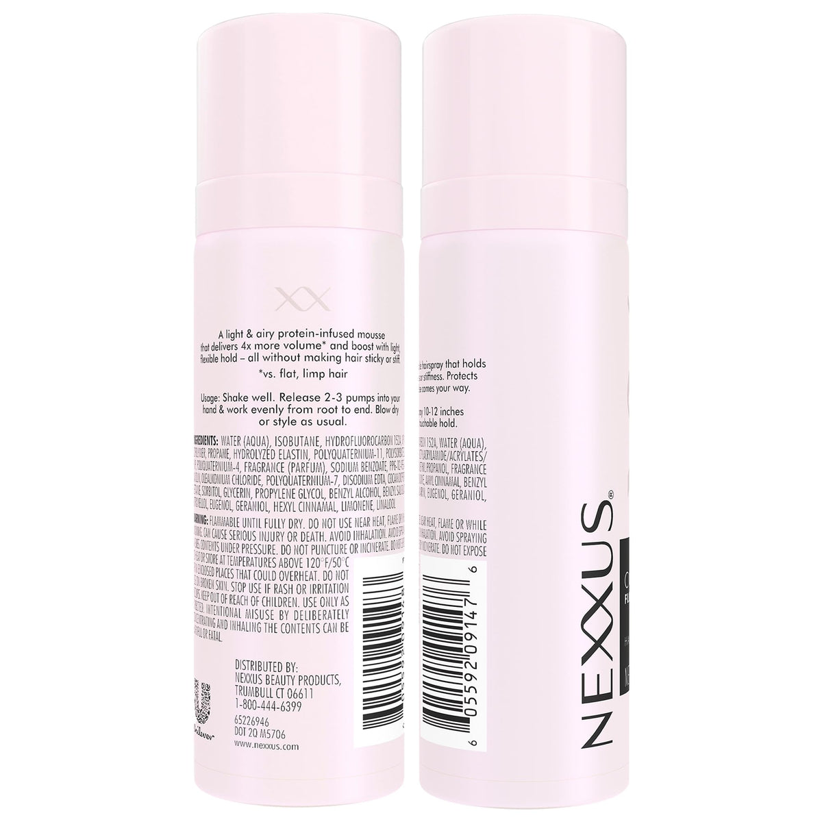 Nexxus mousse can close-up nozzle highlighting easy dispensing and travel safety