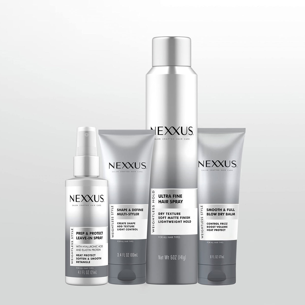 Nexxus on bathroom counter with other styling products for routine