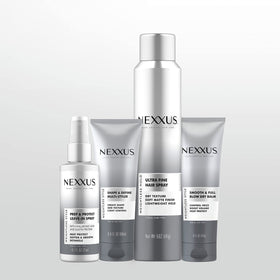 Nexxus on bathroom counter with other styling products for routine