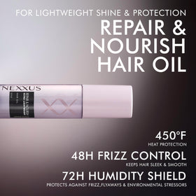 Nexxus oil applied to damp hair delivering heat protection and shine