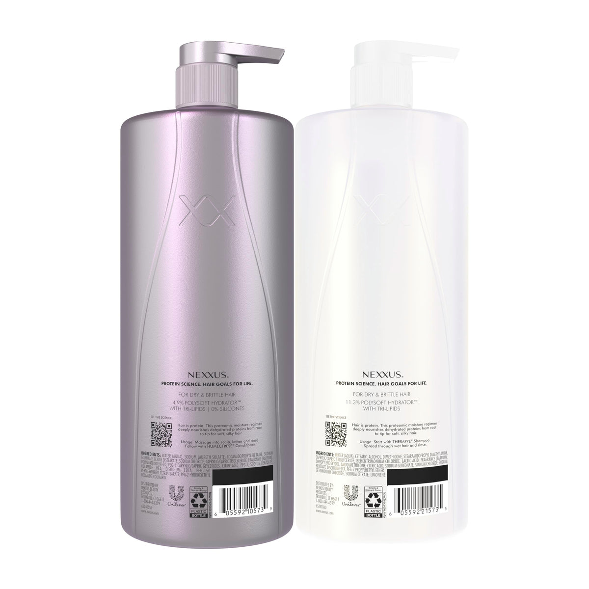 Nexxus close view of shampoo and conditioner labels highlighting technology
