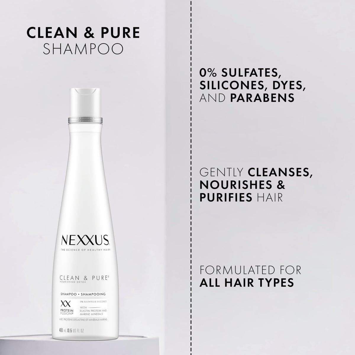 Nexxus shampoo in hands applying to scalp to remove buildup effectively