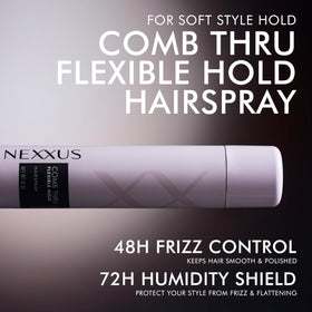 Nexxus fine mist spraying to hair demonstrating even coverage and lightweight feel