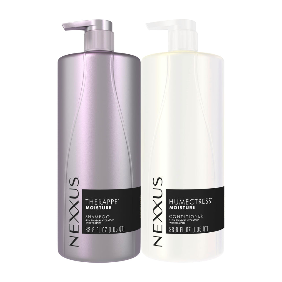 Nexxus front packaging showing dual 33.8 fl oz bottles and benefits