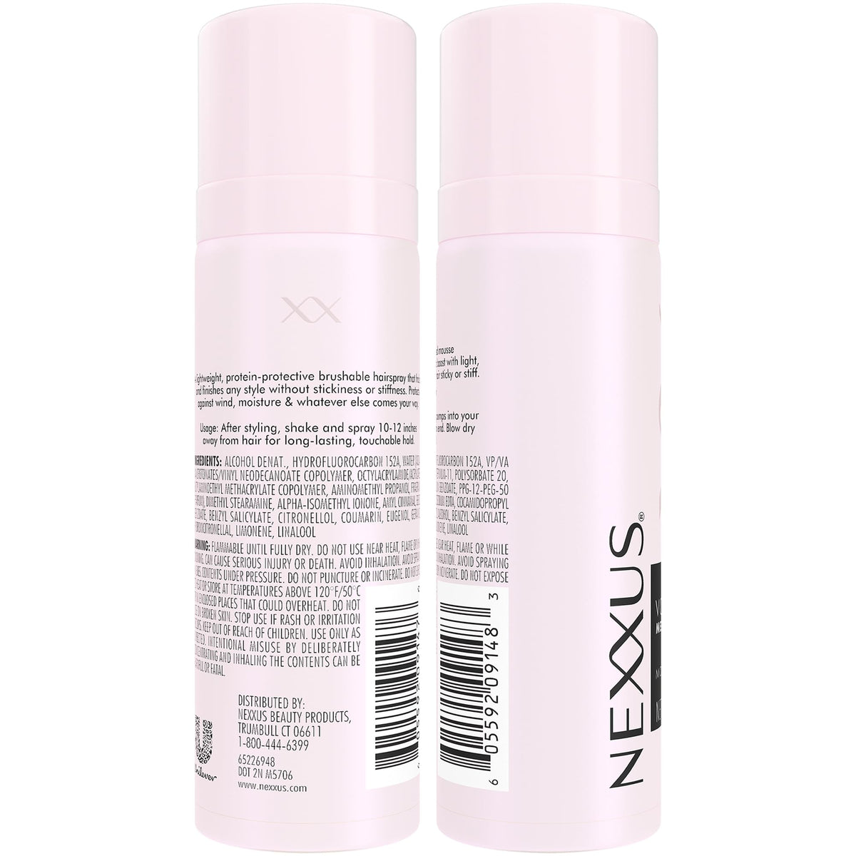 Nexxus side label close-up highlighting ingredients and travel-size convenience