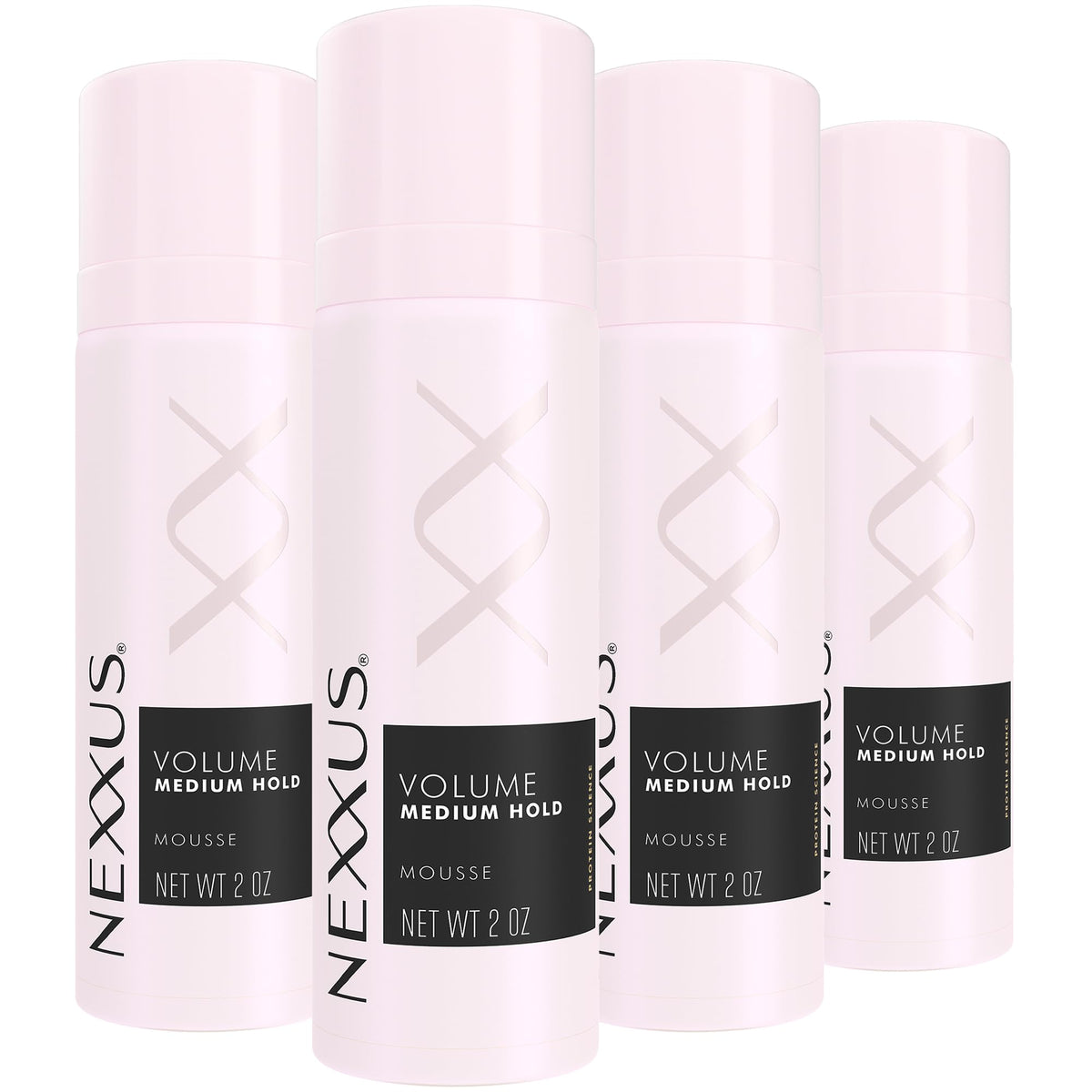 Nexxus travel mousse front packaging showing four 2 oz cans and compact convenience