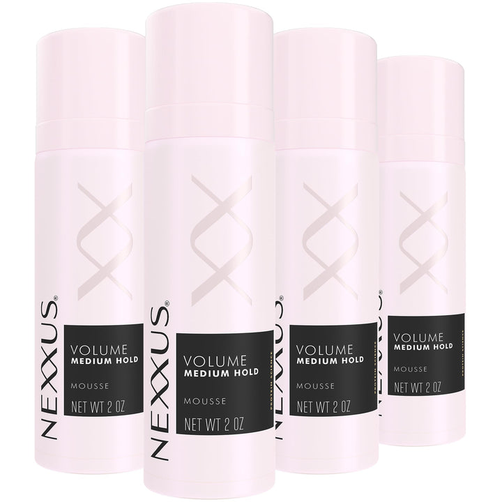 Nexxus travel mousse front packaging showing four 2 oz cans and compact convenience