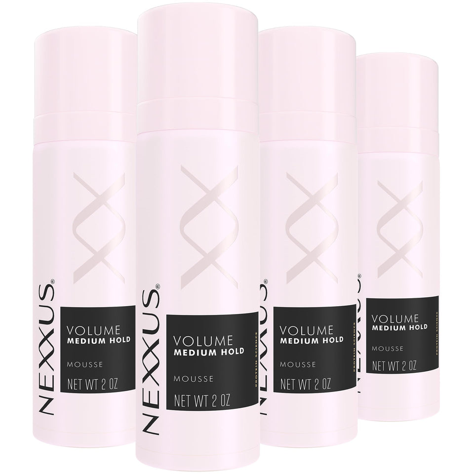 Nexxus travel mousse front packaging showing four 2 oz cans and compact convenience