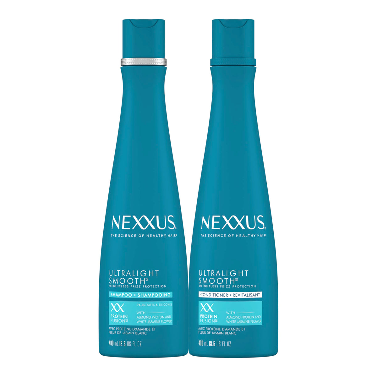 Nexxus front packaging showing shampoo and conditioner for lightweight frizz control