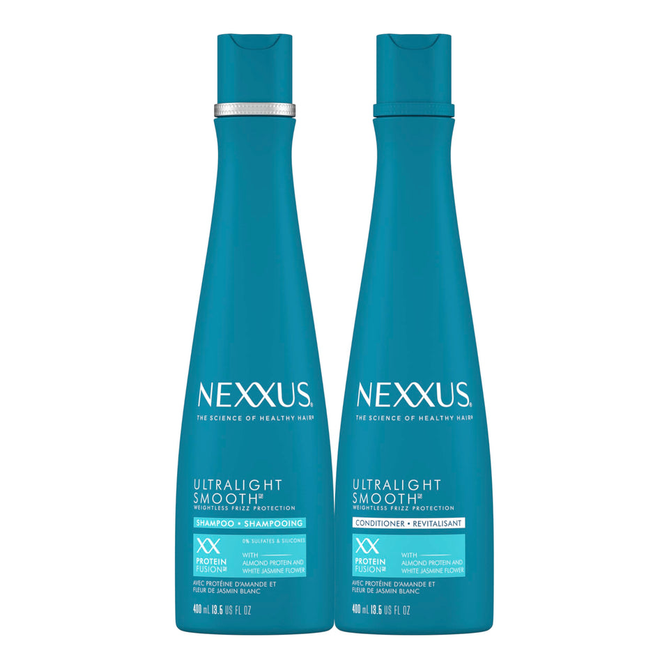 Nexxus front packaging showing shampoo and conditioner for lightweight frizz control