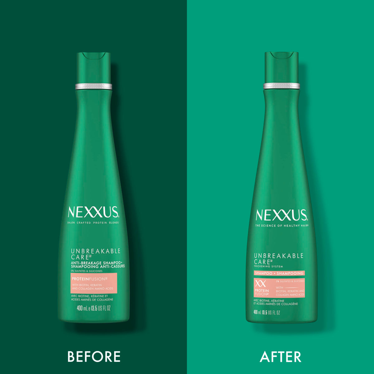 Nexxus beside a ruler for scale comparing bottle size and usage amount benefit