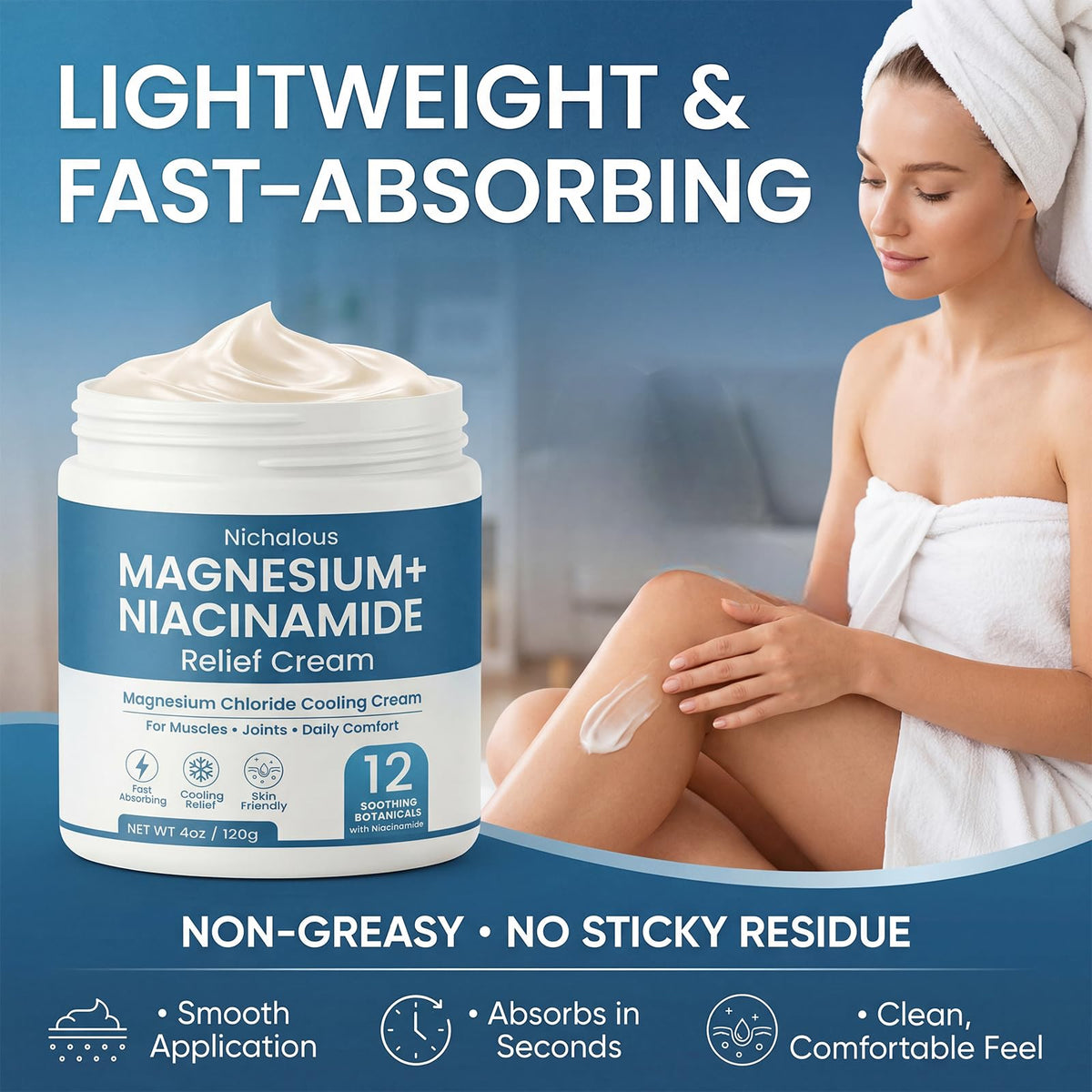 Nichalous applying cream to leg demonstrating quick, non-greasy feel