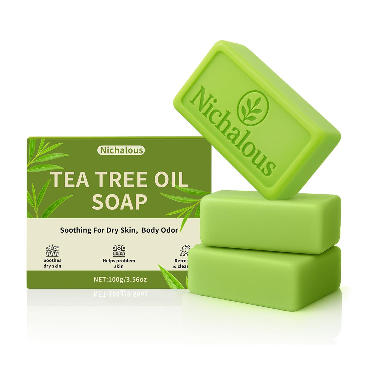 Nichalous front packaging showing three tea tree soap bars and benefits