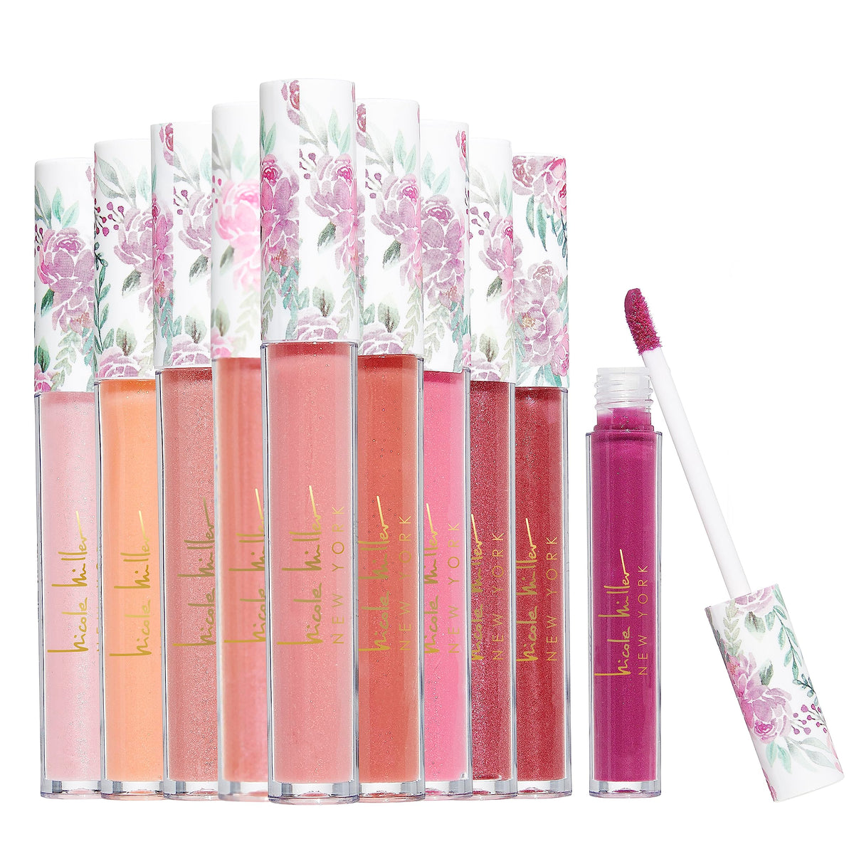 Nicole Miller front packaging showing ten gloss tubes and variety benefit