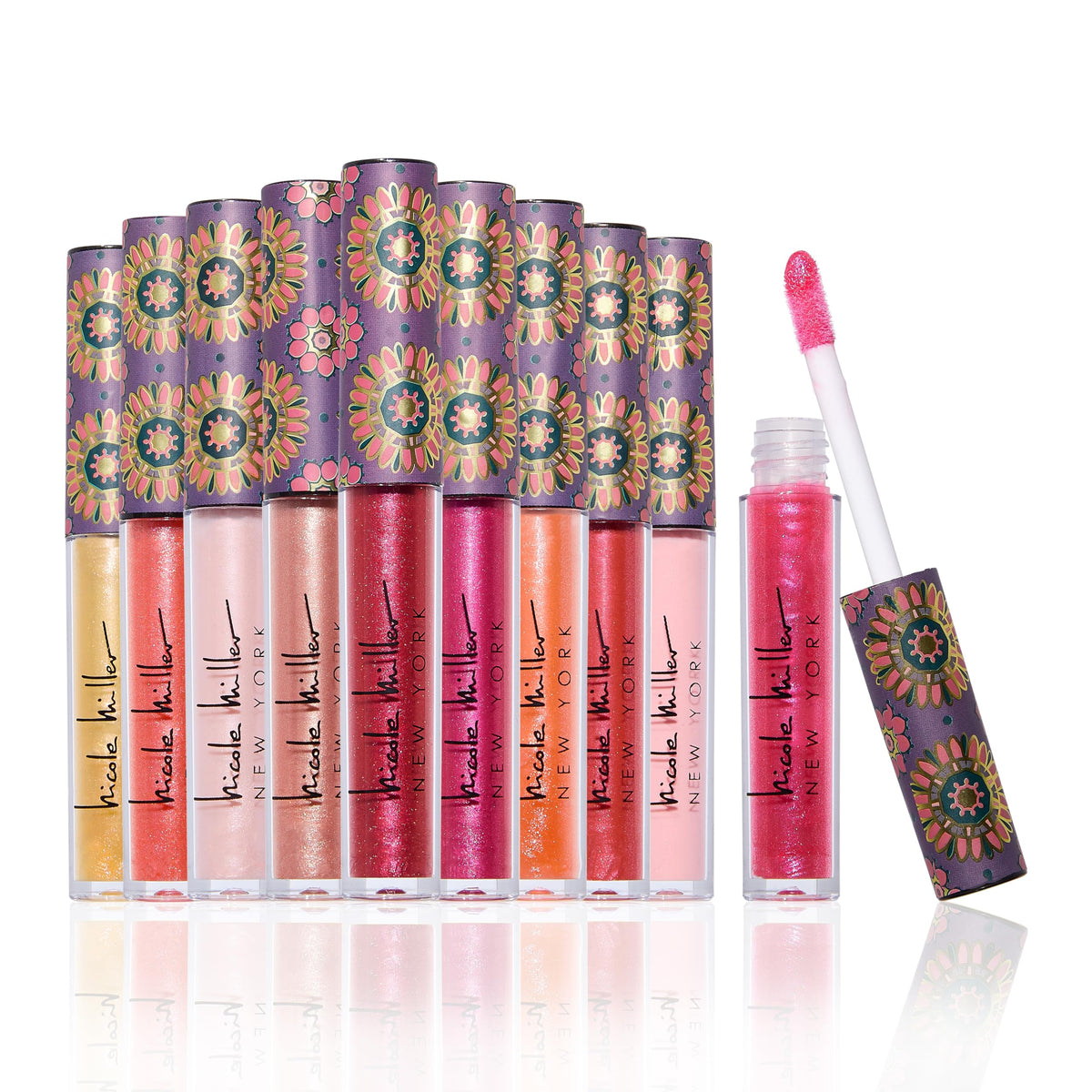 Nicole Miller front packaging showing ten gloss tubes and benefits of variety