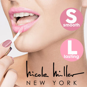 Nicole Miller gloss held in hand to show compact size and travel convenience