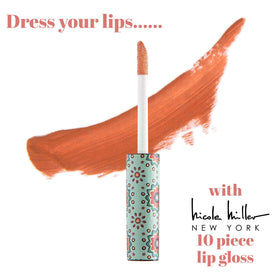 Nicole Miller gloss tubes in a purse to show portability and travel-friendly convenience