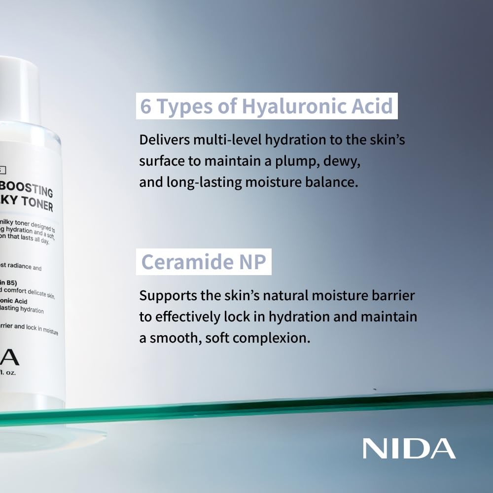 NIDA toner dispensed on hand showing drop size and instant moisturizing feel