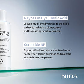 NIDA toner dispensed on hand showing drop size and instant moisturizing feel