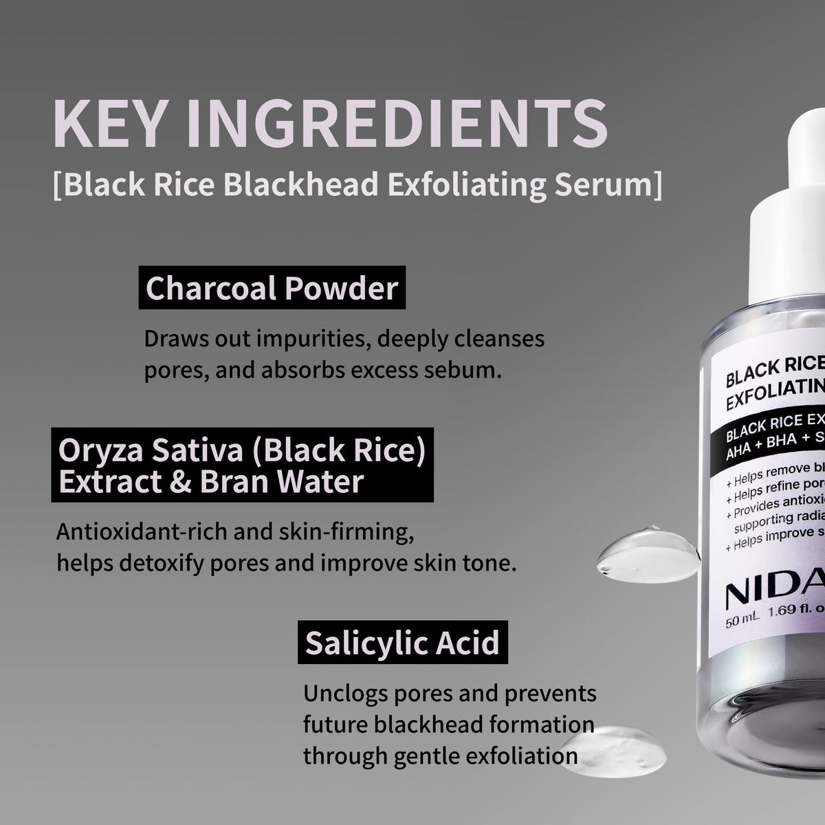 NIDA ingredient label close-up highlighting AHA BHA squalane and rice extract benefits