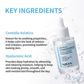 NIDA ingredient label close-up showing Centella and hyaluronic acid benefits