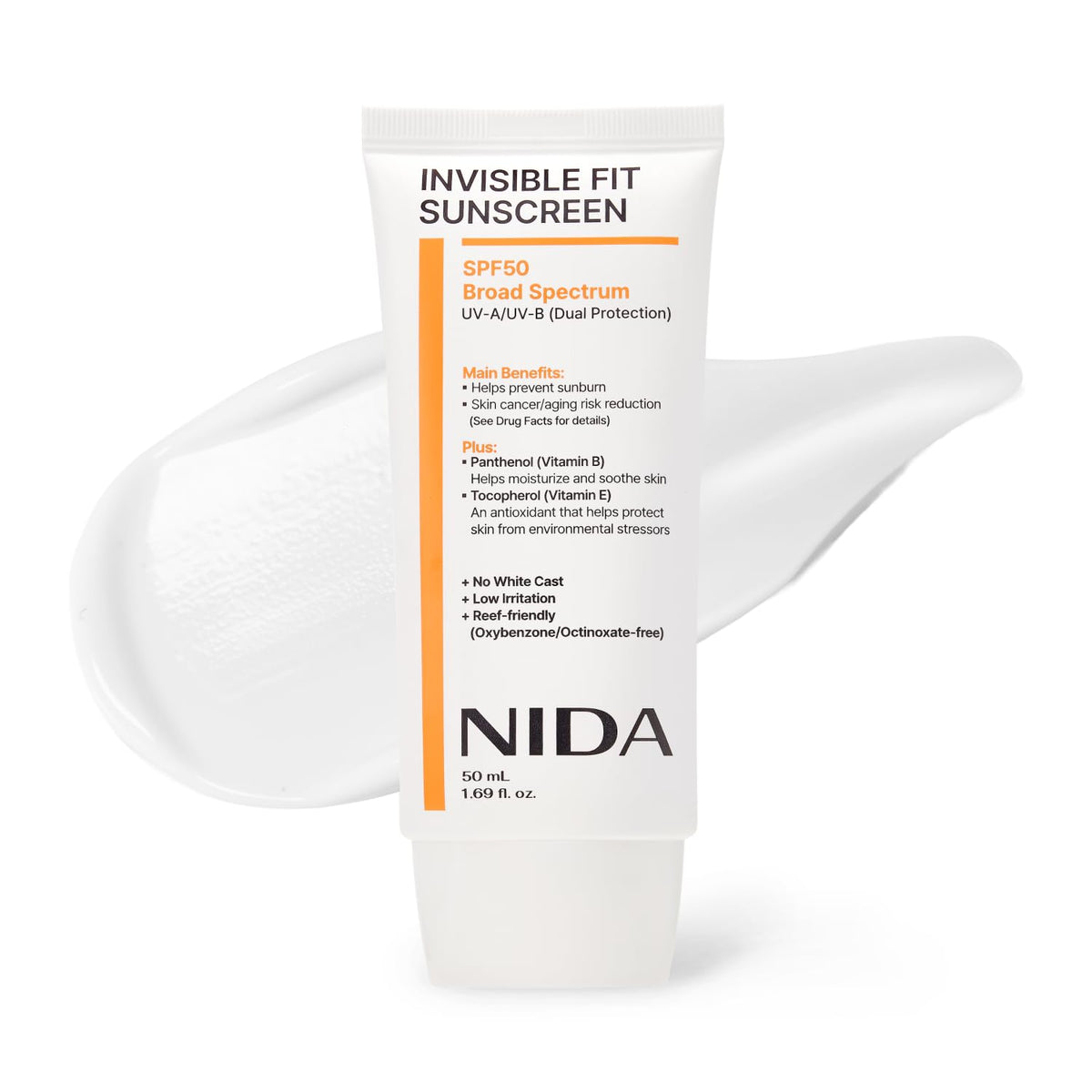 NIDA front packaging 50ml showing compact travel-friendly sunscreen