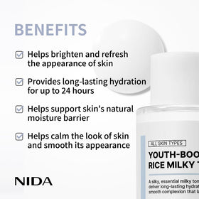 NIDA rice bran water ingredient bottle emphasizing natural brightening nutrients